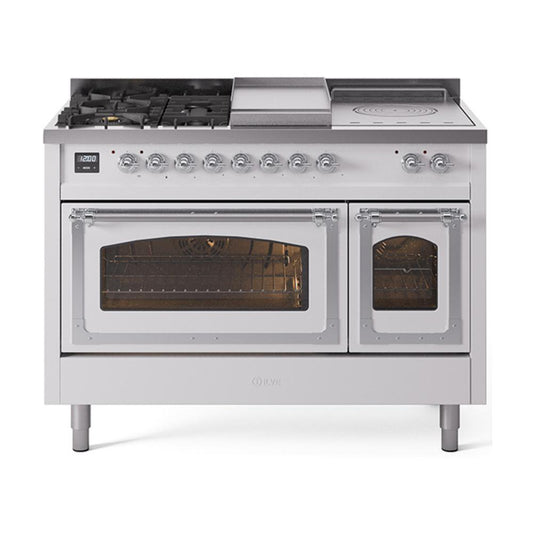 Ilve UN48FSNMPWHC Ilve Un48Fsnmpwhc Nostalgie Ii Noblesse 48" Dual Fuel Range (5 Sealed Burners + Griddle + French Top, Natural Gas, Triple Glass Door, White, Chrome)