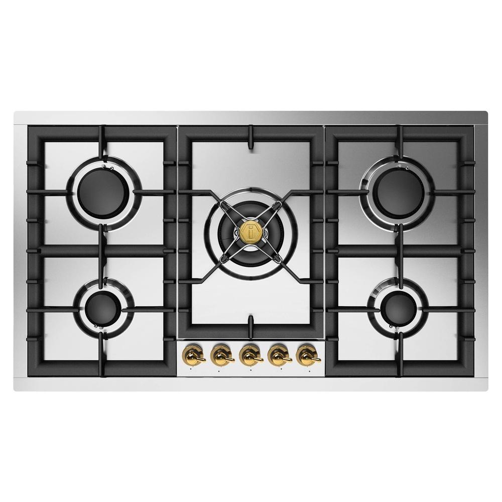 Ilve UHCPT95NSSG Ilve Uhcpt95Nssg Nostalgie Ii 36 Inch Built-In Gas Cooktop With Total Black Brass Burners, In Stainless Steel (5 Sealed Burners, Natural Gas)