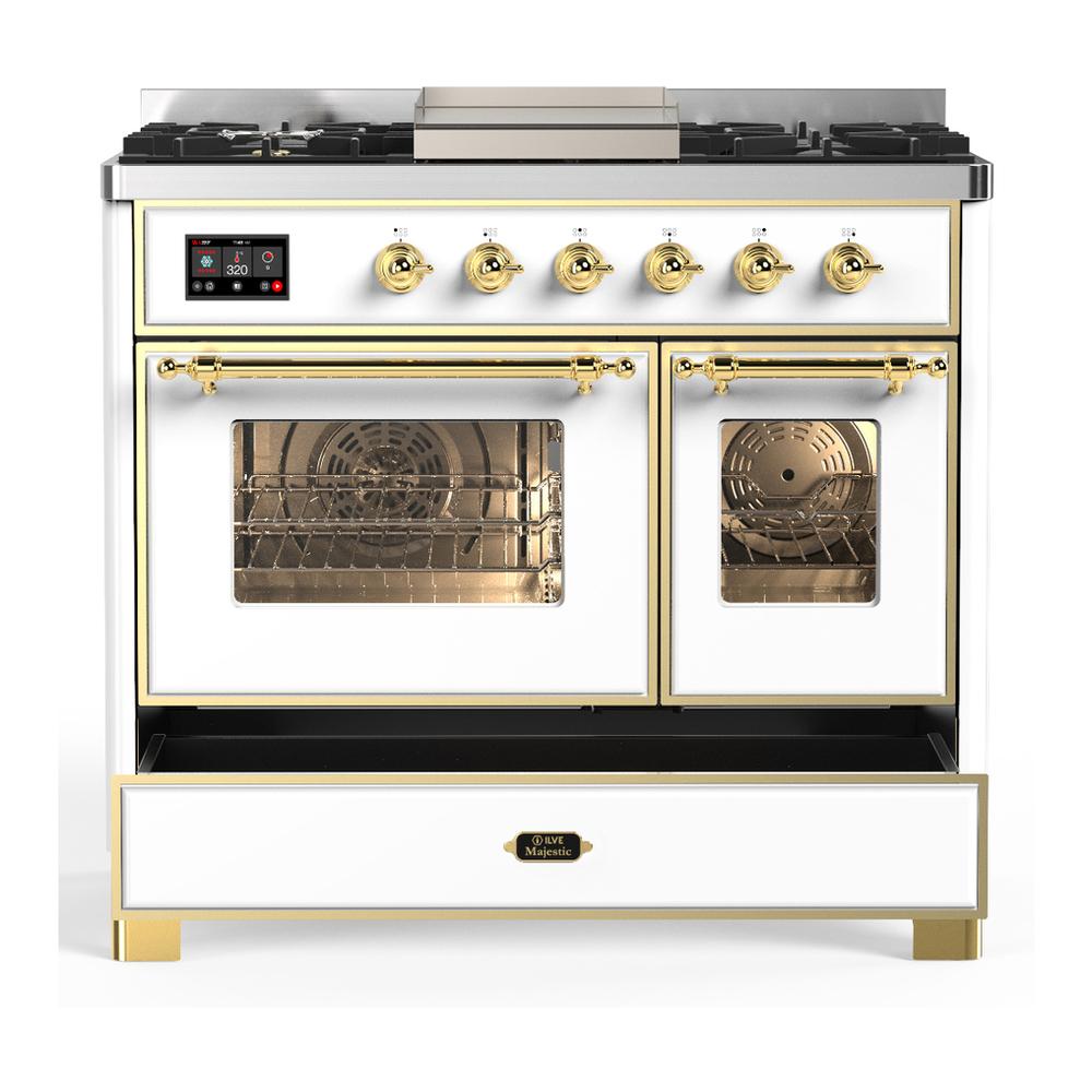 Ilve UMD40FNR3WHGLP Ilve Umd40Fnr3Whglp Majestic Iii 40 Inch Dual Fuel Range With 6 Burners And Griddle, Dual Function Burner Up To 25,000 Btu (Liquid Propane, Triple Glass Door, White, Brass)
