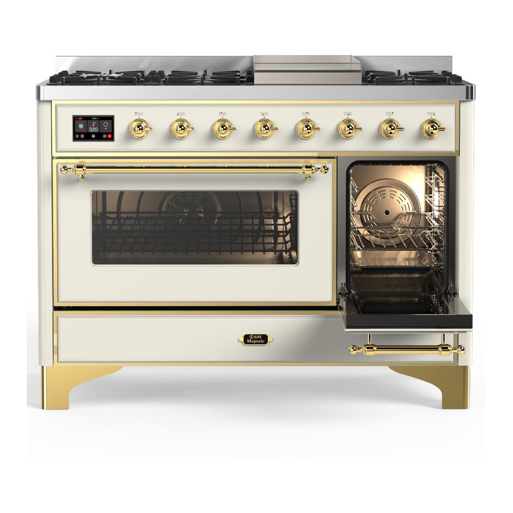 Ilve UM48FNR3AWGLP Ilve Um48Fnr3Awglp Majestic Iii 48 Inch Dual Fuel Range With 8 Burners And Griddle, Dual Function Burner Up To 25,000 Btu (Liquid Propane, Triple Glass Door, Antique White, Brass)