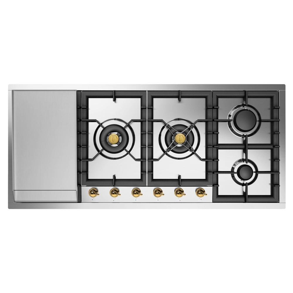 Ilve UHCPT125FNSSGLP Ilve Uhcpt125Fnssglp Nostalgie Ii 48 Inch Built-In Gas Cooktop With Total Black Brass Burners, In Stainless Steel (6 Sealed Burners + Left Griddle, Liquid Propane, Brass)