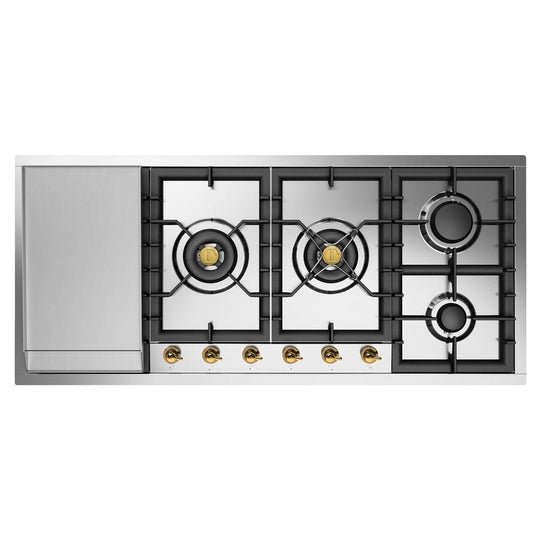 Ilve UHCPT125FNSSGLP Ilve Uhcpt125Fnssglp Nostalgie Ii 48 Inch Built-In Gas Cooktop With Total Black Brass Burners, In Stainless Steel (6 Sealed Burners + Left Griddle, Liquid Propane, Brass)