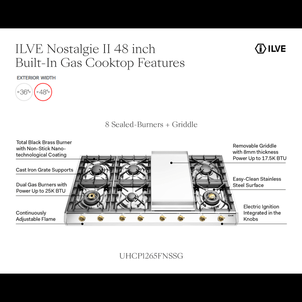 Ilve UHCP1265FNSSG Ilve Uhcp1265Fnssg Nostalgie Ii 48 Inch Built-In Gas Cooktop With 8 Burners, Griddle, In Stainless Steel (Natural Gas)