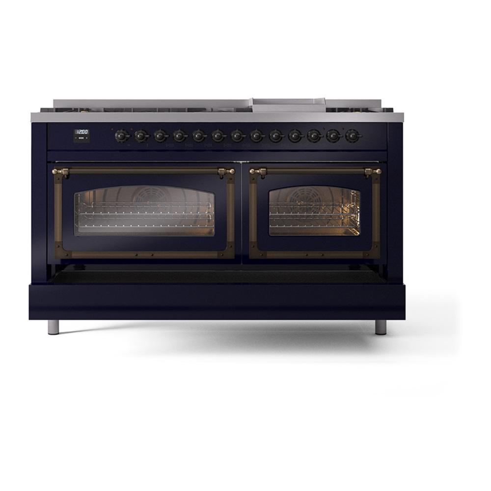 Ilve UN60FNMPMBBLP Ilve Un60Fnmpmbblp Nostalgie Ii Noblesse 60" Dual Fuel Range (9 Sealed Burners + Griddle, Liquid Propane, Triple Glass Door, Midnight Blue, Burnished)