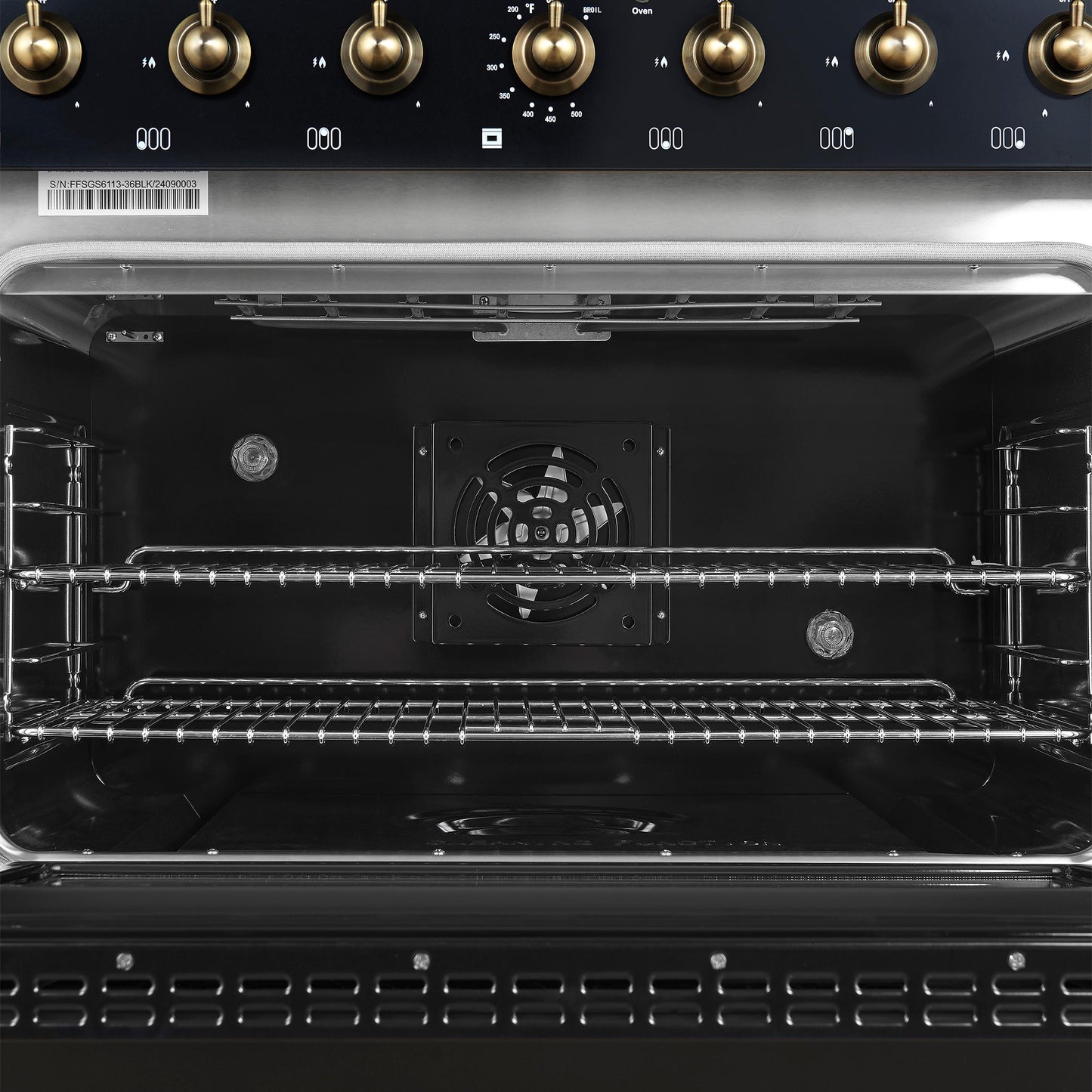 Forno FFSGS611336BLK Forno Antico 36-Inch Dual Fuel Range, Black And Antique Brass, 6 Burners, 4.5 Cu.Ft. Convection Oven