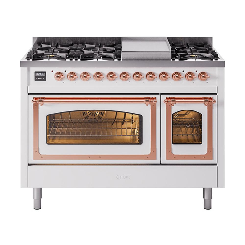 Ilve UN48FNMPWHP Ilve Un48Fnmpwhp Nostalgie Ii Noblesse 48" Dual Fuel Range (8 Sealed Burners + Griddle, Natural Gas, Triple Glass Door, White, Copper)