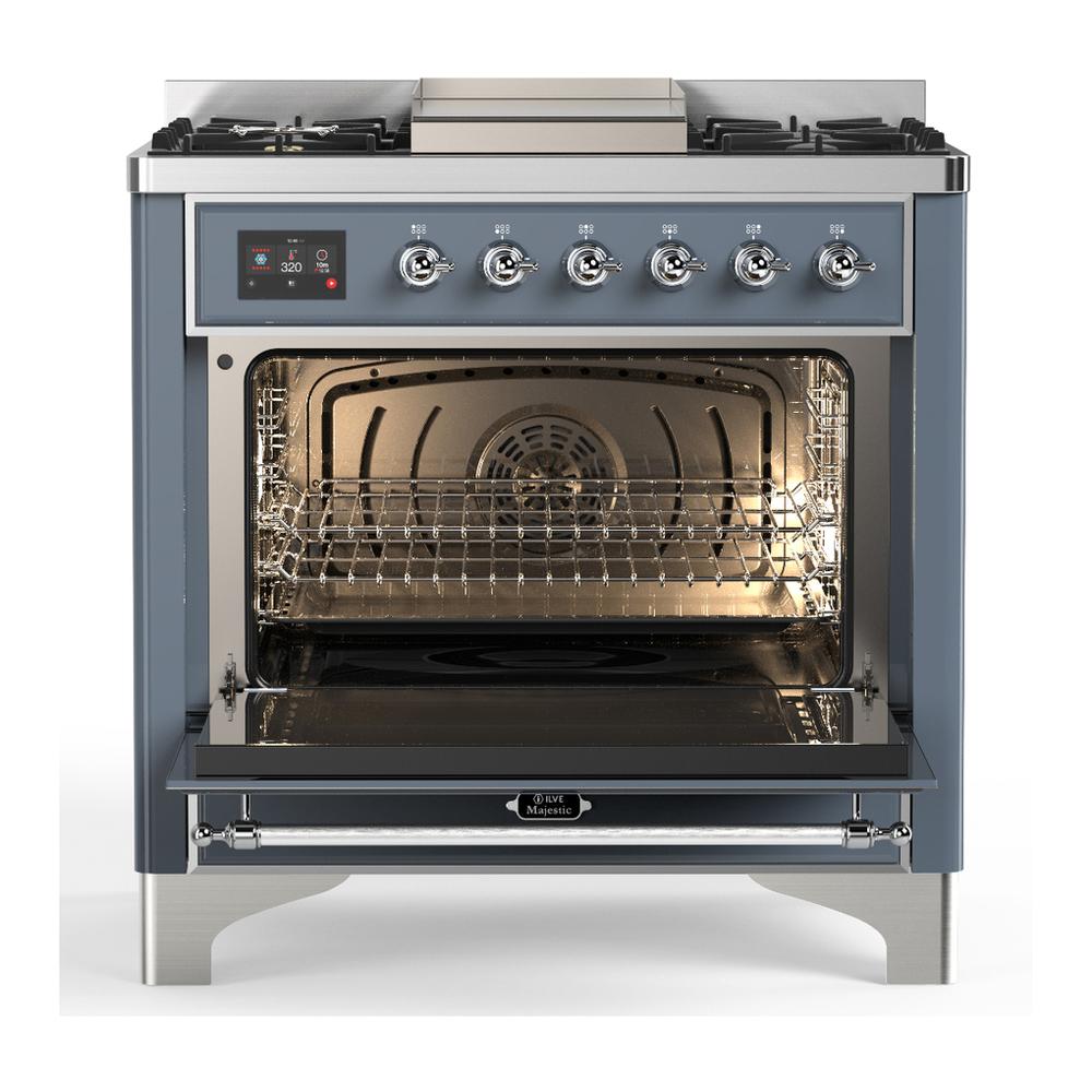 Ilve UM36FQNR3BGC Ilve Um36Fqnr3Bgc Majestic Iii 36 Inch Dual Fuel Range With 6 Black Brass Burners And Griddle, Dual Function Burner Up To 25,000 Btu (Solid Door, Blue Grey, Chrome, Natural Gas)