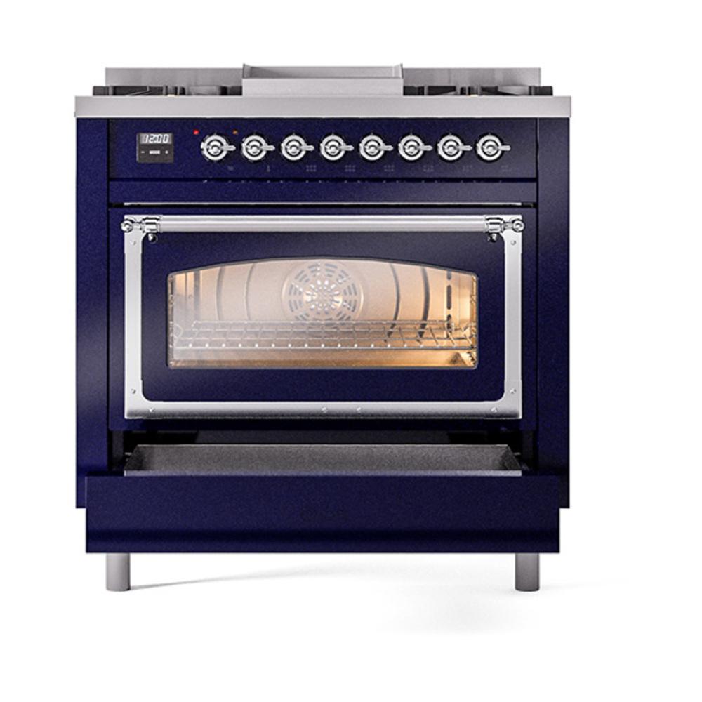 Ilve UN36FNMPMBCLP Ilve Un36Fnmpmbclp Nostalgie Ii Noblesse 36" Dual Fuel Range (Liquid Propane, Triple Glass Door, Midnight Blue, Chrome)