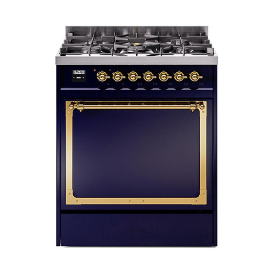 Ilve UN30QNMPMBGLP Ilve Un30Qnmpmbglp Nostalgie Ii Noblesse 30" Dual Fuel Range (Liquid Propane, Solid Door, Midnight Blue, Brass)