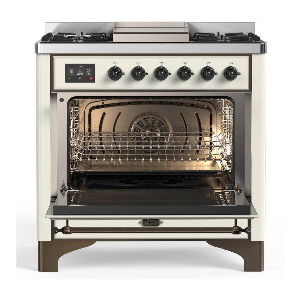 Ilve UM36FNR3AWBLP Ilve Um36Fnr3Awblp Majestic Iii 36 Inch Dual Fuel Range With 6 Black Brass Burners And Griddle, Dual Function Burner Up To 25,000 Btu (Triple Glass Door, Antique White, Burnished, Liquid Propane)