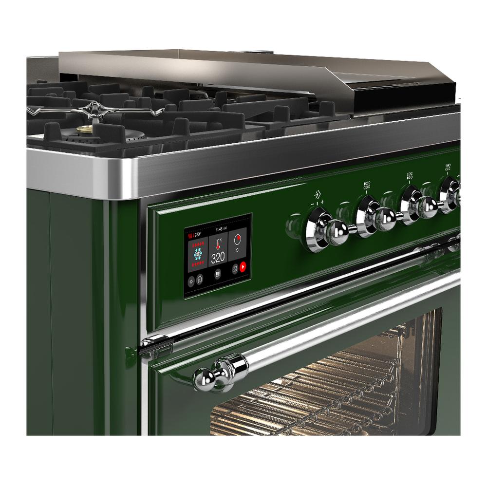 Ilve UM48FSNR3EGC Ilve Um48Fsnr3Egc Majestic Iii 48 Inch Dual Fuel Range With 5 Black Brass Burners, Griddle And French Top, Dual Function Burner Up To 25,000 Btu (Natural Gas, Triple Glass Door, Emerald Green, Chrome)