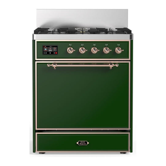 Ilve UM30QNR3EGPLP Ilve Um30Qnr3Egplp Majestic Iii 30 Inch Dual Fuel Range With 5 Black Brass Burners, Dual Function Burner Up To 25,000 Btu (Liquid Propane, Solid Door, Emerald Green, Copper)