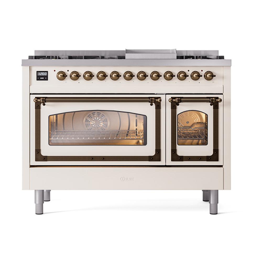 Ilve UN48FNMPAWB Ilve Un48Fnmpawb Nostalgie Ii Noblesse 48" Dual Fuel Range (8 Sealed Burners + Griddle, Natural Gas, Triple Glass Door, Antique White, Burnished)