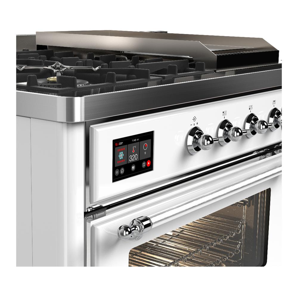 Ilve UM48FSNR3WHC Ilve Um48Fsnr3Whc Majestic Iii 48 Inch Dual Fuel Range With 5 Black Brass Burners, Griddle And French Top, Dual Function Burner Up To 25,000 Btu (Natural Gas, Triple Glass Door, White, Chrome)