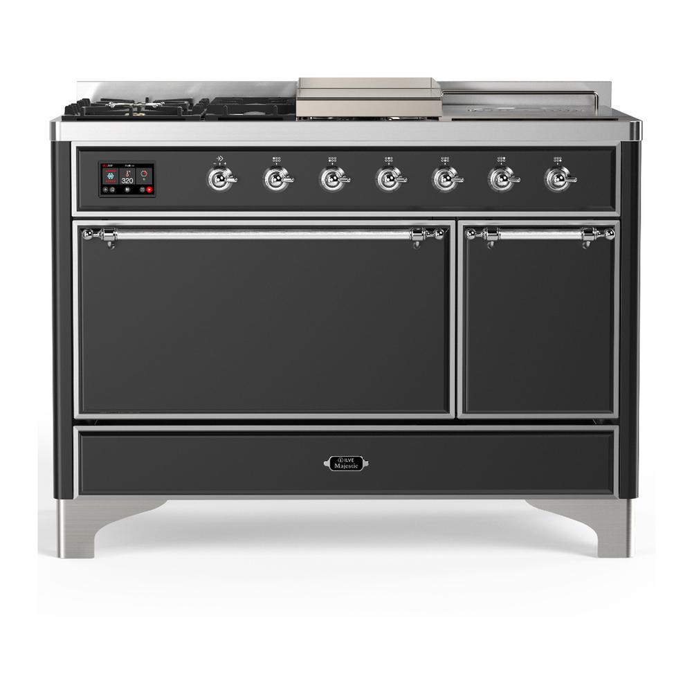 Ilve UM48FSQNR3MGCLP Ilve Um48Fsqnr3Mgclp Majestic Iii 48 Inch Dual Fuel Range With 5 Black Brass Burners, Griddle And French Top, Dual Function Burner Up To 25,000 Btu (Liquid Propane, Solid Door, Graphite Matte, Chrome)