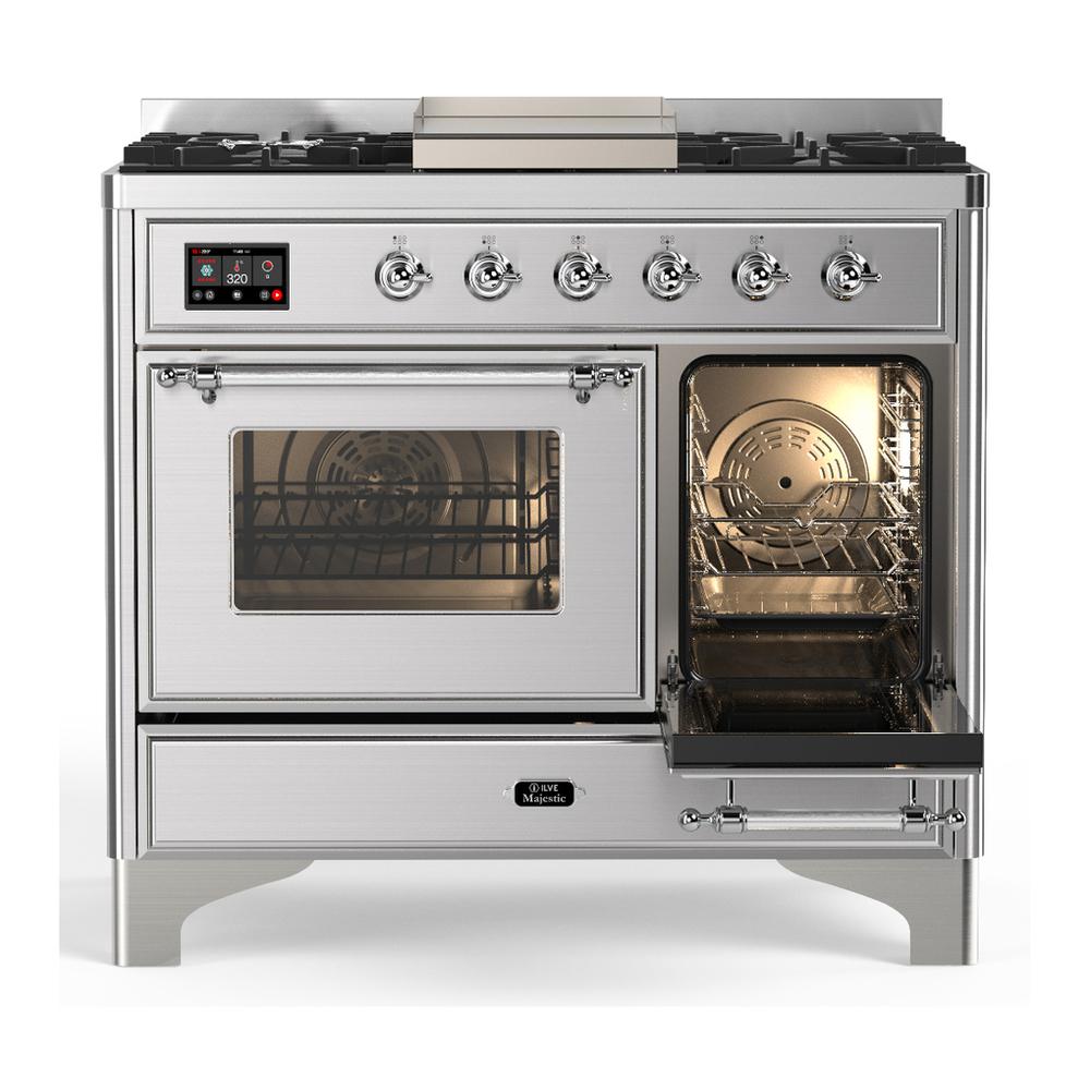 Ilve UMD40FNR3SSC Ilve Umd40Fnr3Ssc Majestic Iii 40 Inch Dual Fuel Range With 6 Burners And Griddle, Dual Function Burner Up To 25,000 Btu (Natural Gas, Triple Glass Door, Stainless Steel, Chrome)