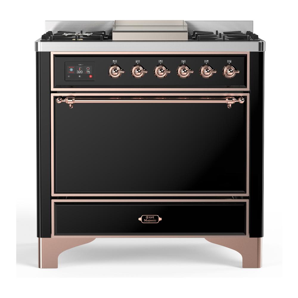 Ilve UM36FQNR3BKP Ilve Um36Fqnr3Bkp Majestic Iii 36 Inch Dual Fuel Range With 6 Black Brass Burners And Griddle, Dual Function Burner Up To 25,000 Btu (Solid Door, Glossy Black, Copper, Natural Gas)