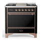 Ilve UM36FQNR3BKP Ilve Um36Fqnr3Bkp Majestic Iii 36 Inch Dual Fuel Range With 6 Black Brass Burners And Griddle, Dual Function Burner Up To 25,000 Btu (Solid Door, Glossy Black, Copper, Natural Gas)