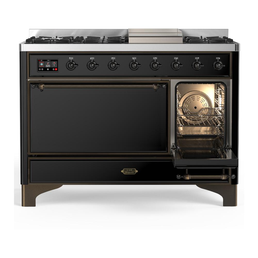 Ilve UM48FQNR3BKB Ilve Um48Fqnr3Bkb Majestic Iii 48 Inch Dual Fuel Range With 8 Burners And Griddle, Dual Function Burner Up To 25,000 Btu (Natural Gas, Solid Door, Glossy Black, Burnished)