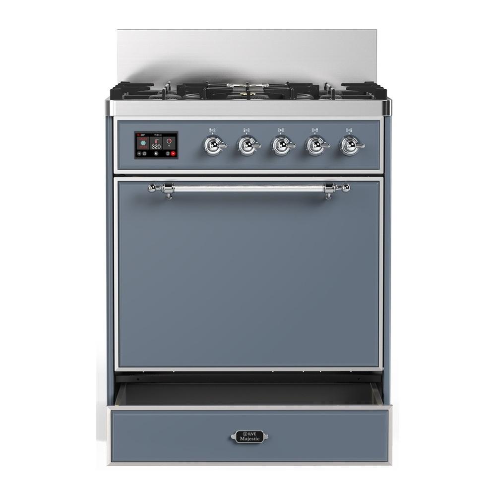 Ilve UM30QNR3BGCLP Ilve Um30Qnr3Bgclp Majestic Iii 30 Inch Dual Fuel Range With 5 Black Brass Burners, Dual Function Burner Up To 25,000 Btu (Liquid Propane, Solid Door, Blue Grey, Chrome)