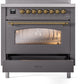 Ilve UPI366NMPMGG Nostalgie Ii 36 Inch Electric Freestanding Range In Matte Graphite With Brass Trim