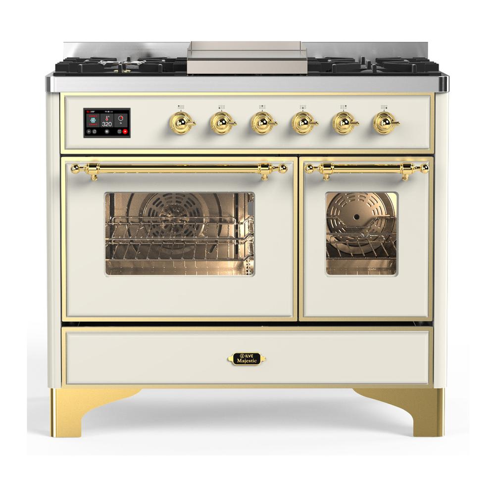 Ilve UMD40FNR3AWGLP Ilve Umd40Fnr3Awglp Majestic Iii 40 Inch Dual Fuel Range With 6 Burners And Griddle, Dual Function Burner Up To 25,000 Btu (Liquid Propane, Triple Glass Door, Antique White, Brass)