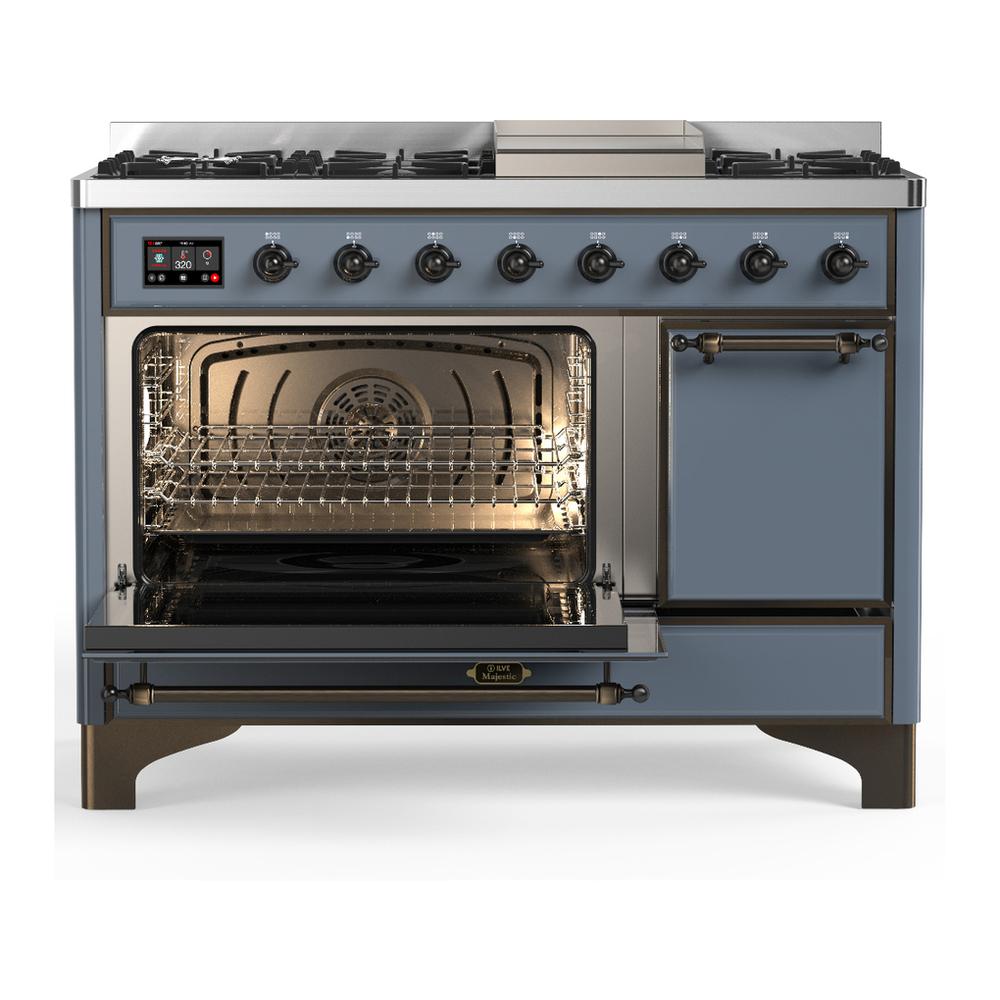 Ilve UM48FQNR3BGBLP Ilve Um48Fqnr3Bgblp Majestic Iii 48 Inch Dual Fuel Range With 8 Burners And Griddle, Dual Function Burner Up To 25,000 Btu (Liquid Propane, Solid Door, Blue Grey, Burnished)