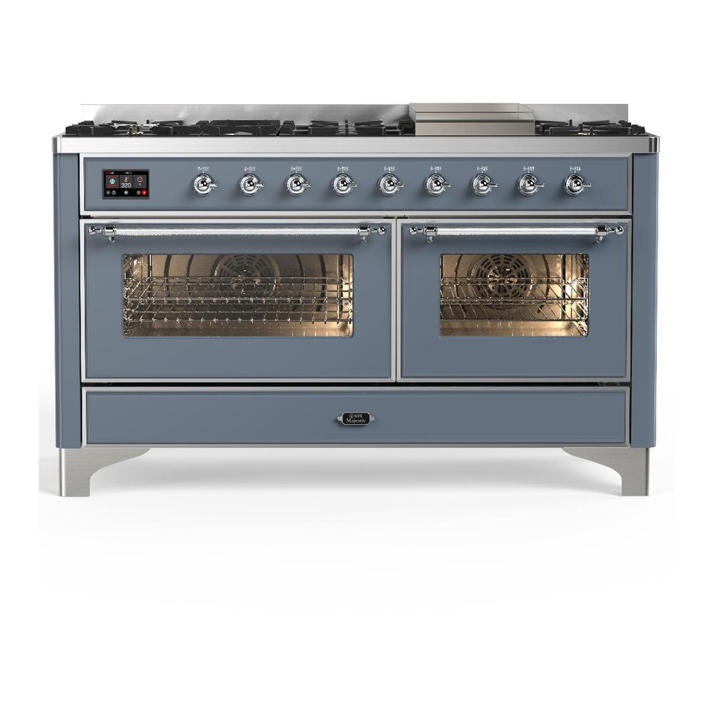 Ilve UM60FNR3BGC Ilve Um60Fnr3Bgc Majestic Iii 60 Inch Dual Fuel Range With 9 Burners And Griddle, Dual Function Burner Up To 25,000 Btu (Natural Gas, Triple Glass Door, Blue Grey, Chrome)