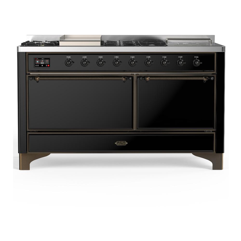 Ilve UM60FSQNR3BKB Ilve Um60Fsqnr3Bkb Majestic Iii 60 Inch Dual Fuel Range With 7 Burners, Griddle And French Top, Dual Function Burner With Up To 25,000 Btu (Natural Gas, Solid Door, Glossy Black, Burnished)