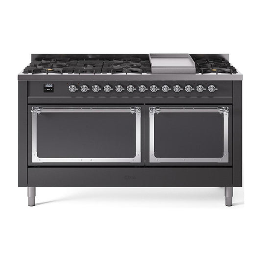 Ilve UN60FQNMPMGCLP Ilve Un60Fqnmpmgclp Nostalgie Ii Noblesse 60" Dual Fuel Range (9 Sealed Burners + Griddle, Liquid Propane, Solid Door, Graphite Matte, Chrome)