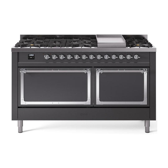 Ilve UN60FQNMPMGCLP Ilve Un60Fqnmpmgclp Nostalgie Ii Noblesse 60" Dual Fuel Range (9 Sealed Burners + Griddle, Liquid Propane, Solid Door, Graphite Matte, Chrome)
