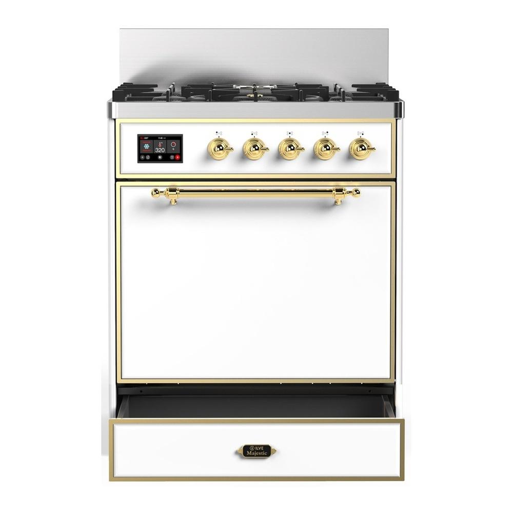 Ilve UM30QNR3WHG Ilve Um30Qnr3Whg Majestic Iii 30 Inch Dual Fuel Range With 5 Black Brass Burners, Dual Function Burner Up To 25,000 Btu (Natural Gas, Solid Door, White, Brass)