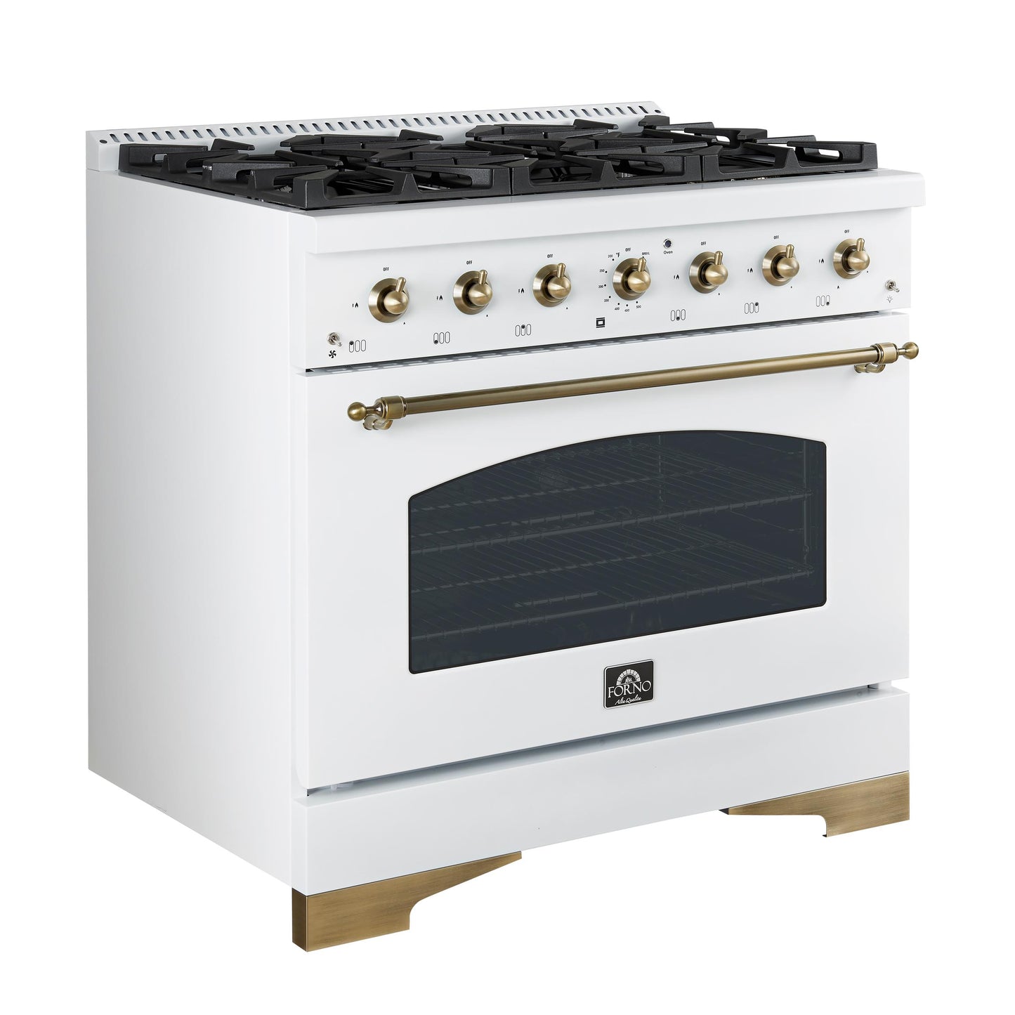 Forno FFSGS611336WHT Forno Antico 36-Inch Dual Fuel Range White And Antique Brass Design With 6 Sealed Gas Burners And Electric Convection Oven