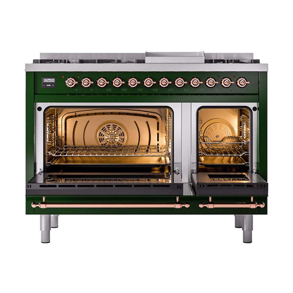 Ilve UN48FNMPEGP Ilve Un48Fnmpegp Nostalgie Ii Noblesse 48" Dual Fuel Range (8 Sealed Burners + Griddle, Natural Gas, Triple Glass Door, Emerald Green, Copper)