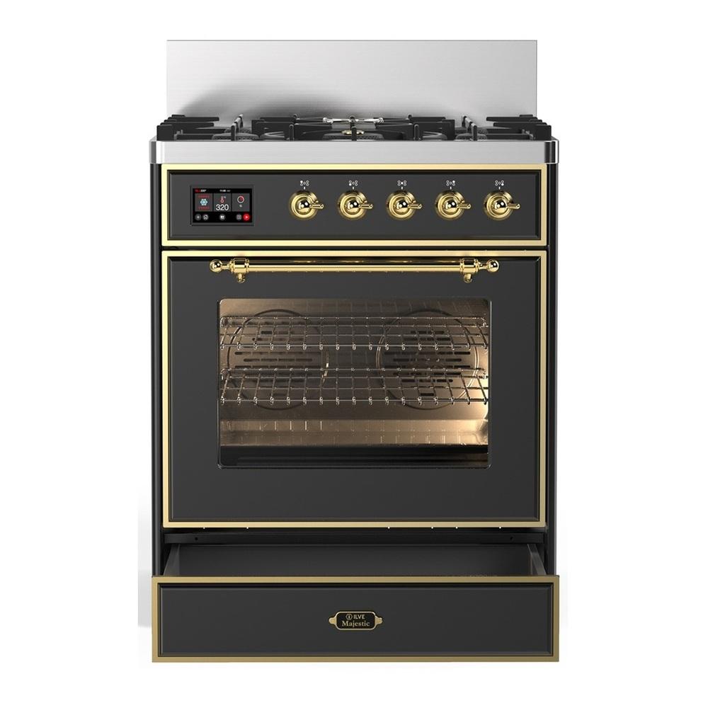 Ilve UM30NR3MGG Ilve Um30Nr3Mgg Majestic Iii 30 Inch Dual Fuel Range With 5 Black Brass Burners, Dual Function Burner Up To 25,000 Btu (Natural Gas, Triple Glass Door, Graphite Matte, Brass)