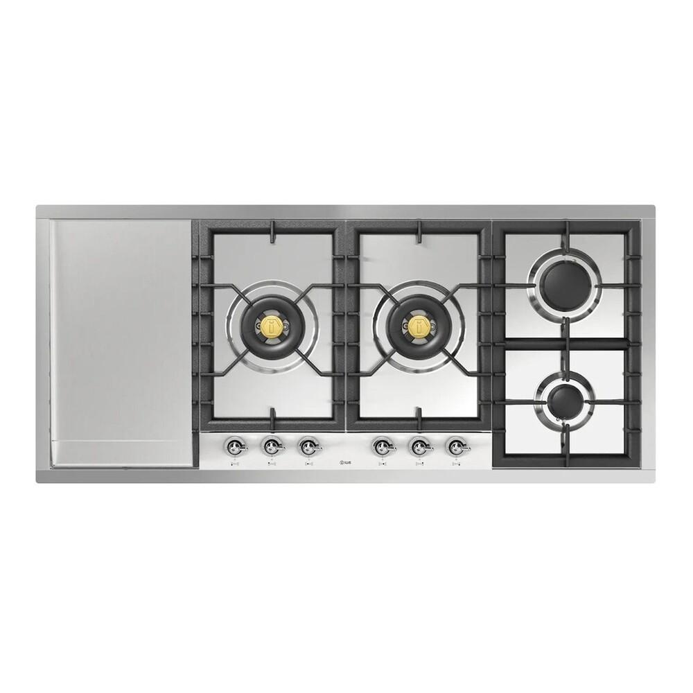 Ilve UHCPT125FNSSC Ilve Uhcpt125Fnssc Nostalgie Ii 48 Inch Built-In Gas Cooktop With Total Black Brass Burners, In Stainless Steel (6 Sealed Burners + Left Griddle, Natural Gas, Chrome)