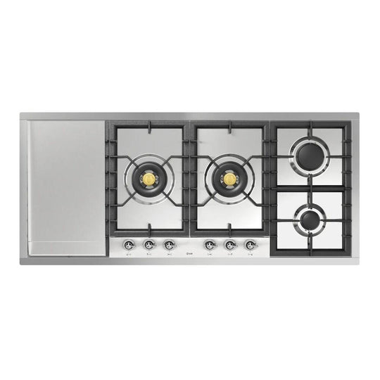 Ilve UHCPT125FNSSC Ilve Uhcpt125Fnssc Nostalgie Ii 48 Inch Built-In Gas Cooktop With Total Black Brass Burners, In Stainless Steel (6 Sealed Burners + Left Griddle, Natural Gas, Chrome)