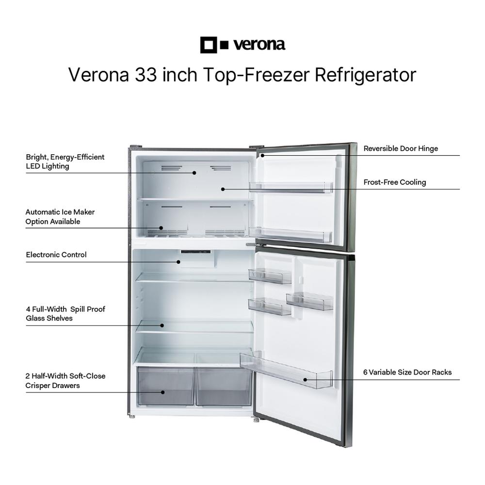 Verona VEFTF3324RSL Verona Veftf3324Rsl 33 Inch Top Freezer Refrigerator With 24 Cu. Ft. Total Capacity, Reversible Doors, Recessed Handle, Energy Star (Stainless Steel Look)