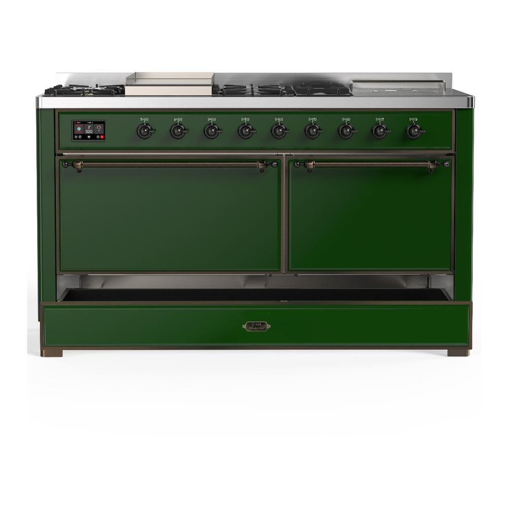Ilve UM60FSQNR3EGBLP Ilve Um60Fsqnr3Egblp Majestic Iii 60 Inch Dual Fuel Range With 7 Burners, Griddle And French Top, Dual Function Burner With Up To 25,000 Btu (Liquid Propane, Solid Door, Emerald Green, Burnished)