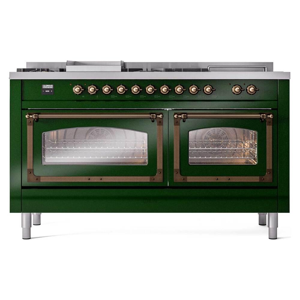 Ilve UN60FSNMPEGB Ilve Un60Fsnmpegb Nostalgie Ii Noblesse 60" Dual Fuel Range (7 Sealed Burners + Griddle + French Top, Natural Gas, Triple Glass Door, Emerald Green, Burnished)