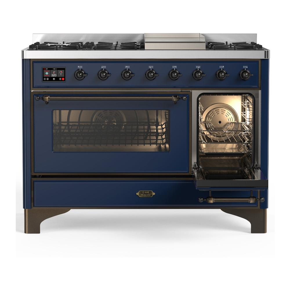 Ilve UM48FNR3MBP Ilve Um48Fnr3Mbp Majestic Iii 48 Inch Dual Fuel Range With 8 Burners And Griddle, Dual Function Burner Up To 25,000 Btu (Natural Gas, Triple Glass Door, Midnight Blue, Copper)
