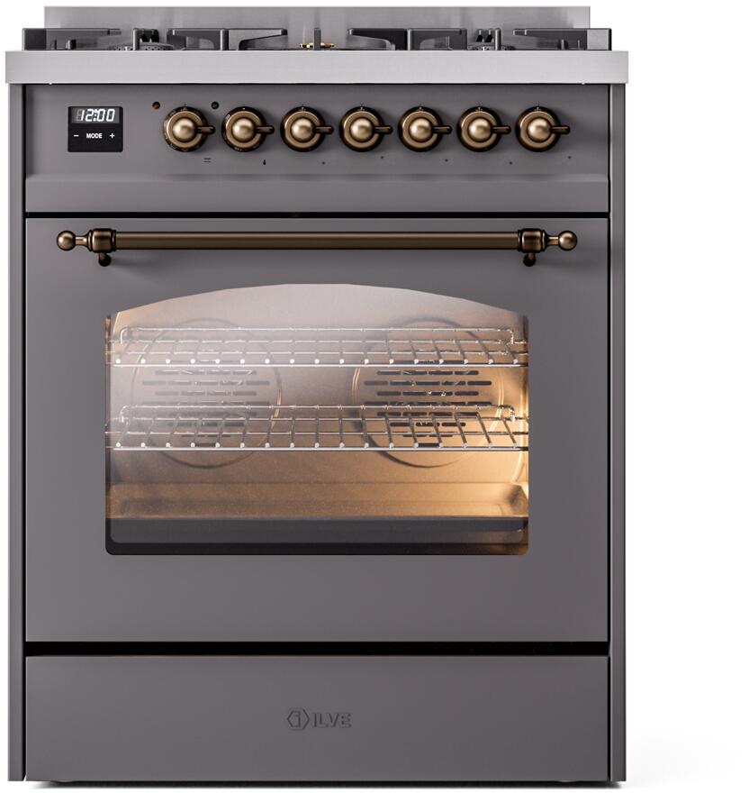 Ilve UP30NMPMGBLP Nostalgie Ii 30 Inch Dual Fuel Liquid Propane Freestanding Range In Matte Graphite With Bronze Trim