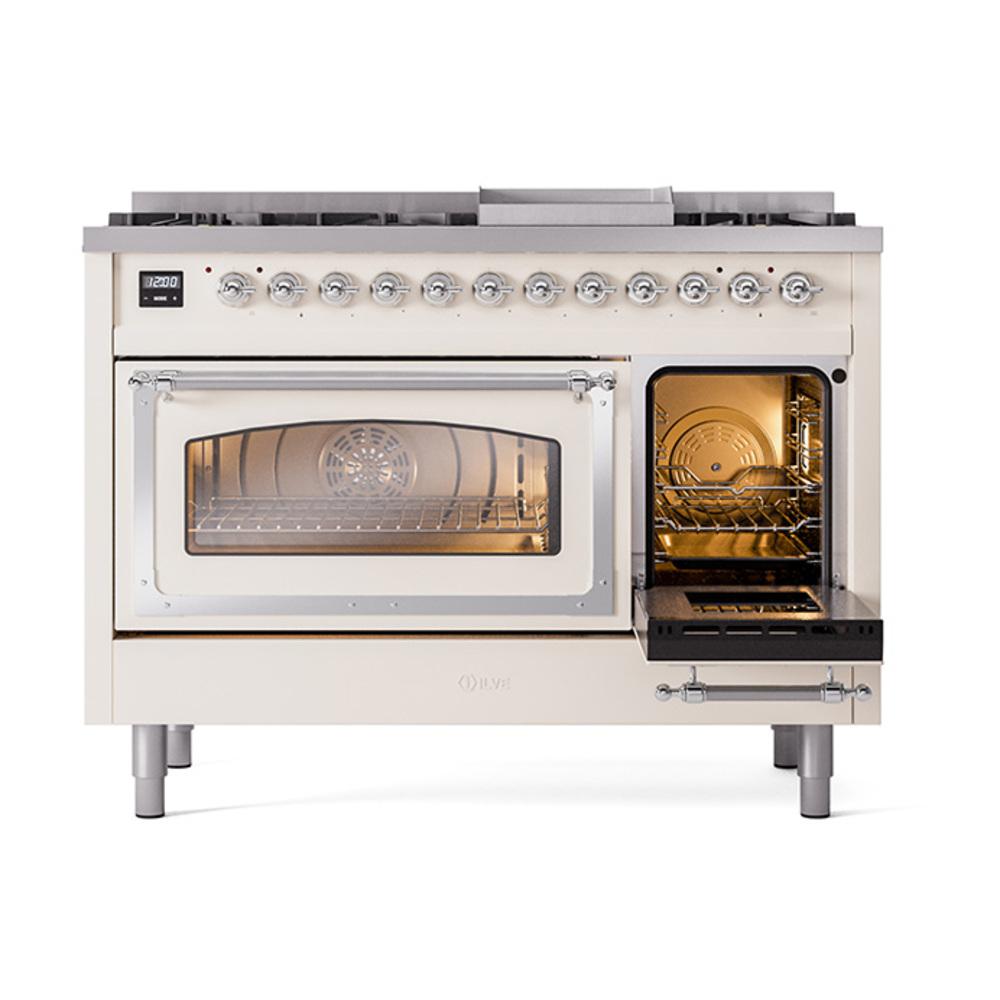 Ilve UN48FNMPAWC Ilve Un48Fnmpawc Nostalgie Ii Noblesse 48" Dual Fuel Range (8 Sealed Burners + Griddle, Natural Gas, Triple Glass Door, Antique White, Chrome)