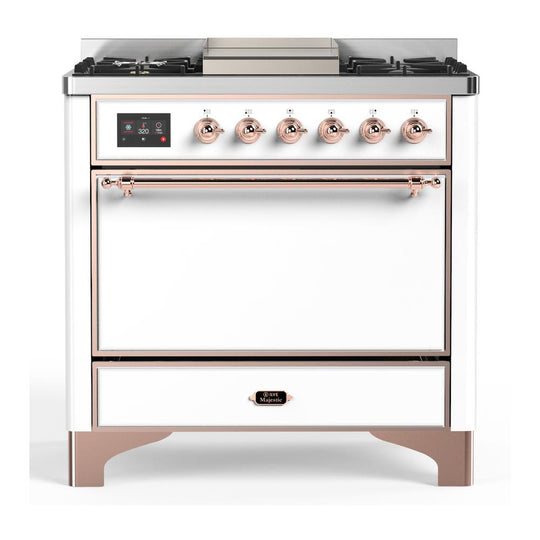Ilve UM36FQNR3WHP Ilve Um36Fqnr3Whp Majestic Iii 36 Inch Dual Fuel Range With 6 Black Brass Burners And Griddle, Dual Function Burner Up To 25,000 Btu (Solid Door, White, Copper, Natural Gas)
