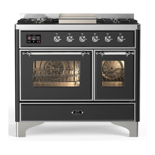 Ilve UMD40FNR3MGCLP Ilve Umd40Fnr3Mgclp Majestic Iii 40 Inch Dual Fuel Range With 6 Burners And Griddle, Dual Function Burner Up To 25,000 Btu (Liquid Propane, Triple Glass Door, Graphite Matte, Chrome)