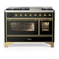 Ilve UM48FNR3BKG Ilve Um48Fnr3Bkg Majestic Iii 48 Inch Dual Fuel Range With 8 Burners And Griddle, Dual Function Burner Up To 25,000 Btu (Natural Gas, Triple Glass Door, Glossy Black, Brass)