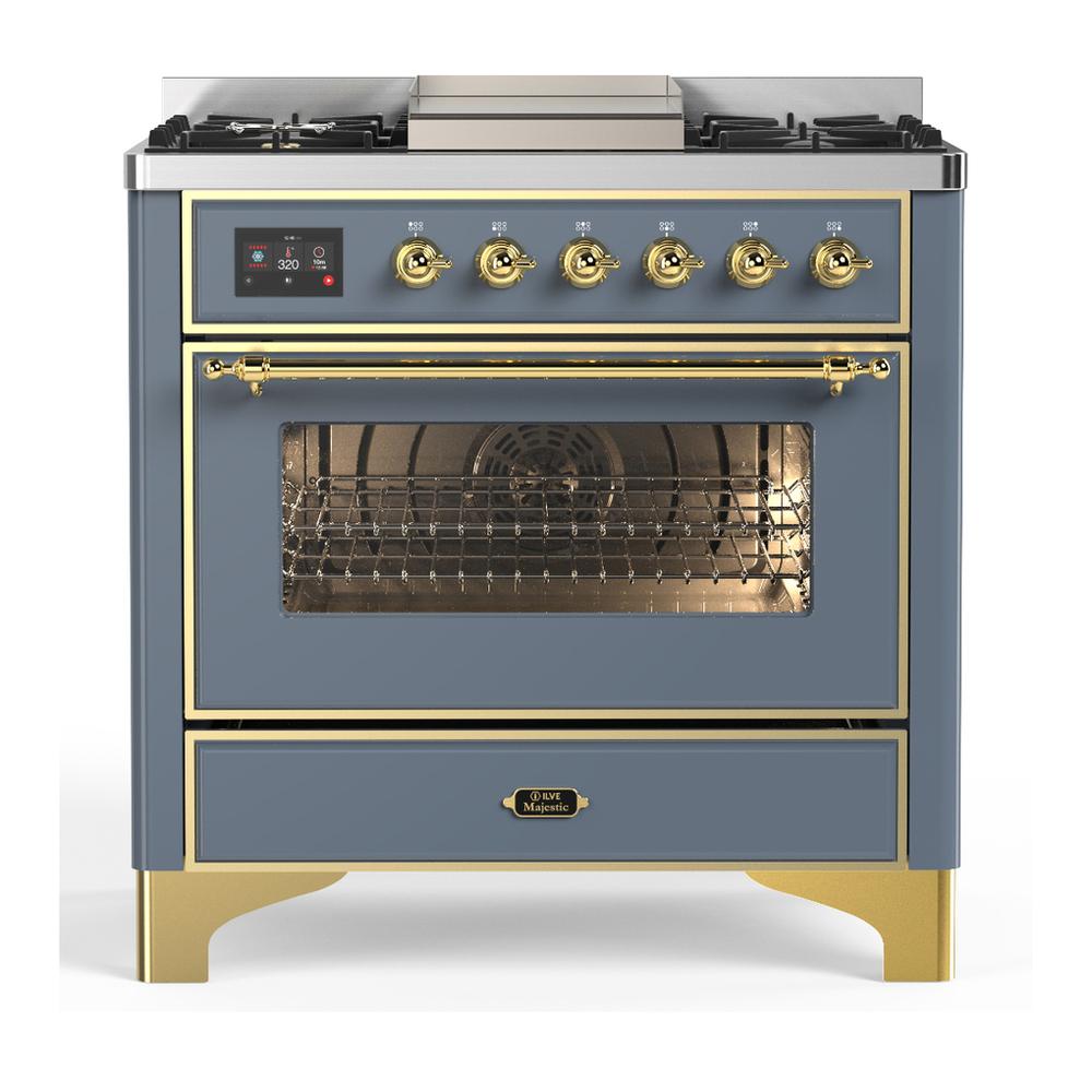 Ilve UM36FNR3BGGLP Ilve Um36Fnr3Bgglp Majestic Iii 36 Inch Dual Fuel Range With 6 Black Brass Burners And Griddle, Dual Function Burner Up To 25,000 Btu (Triple Glass Door, Blue Grey, Brass, Liquid Propane)