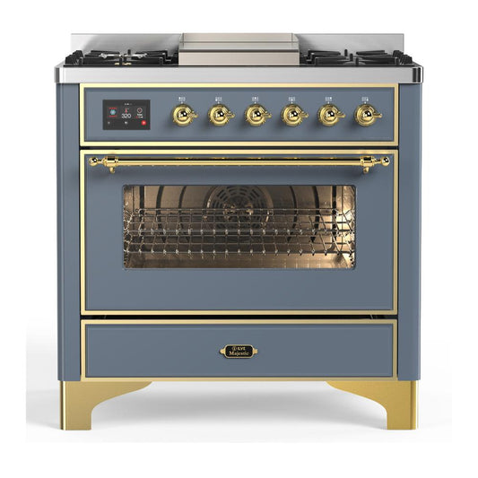 Ilve UM36FNR3BGGLP Ilve Um36Fnr3Bgglp Majestic Iii 36 Inch Dual Fuel Range With 6 Black Brass Burners And Griddle, Dual Function Burner Up To 25,000 Btu (Triple Glass Door, Blue Grey, Brass, Liquid Propane)