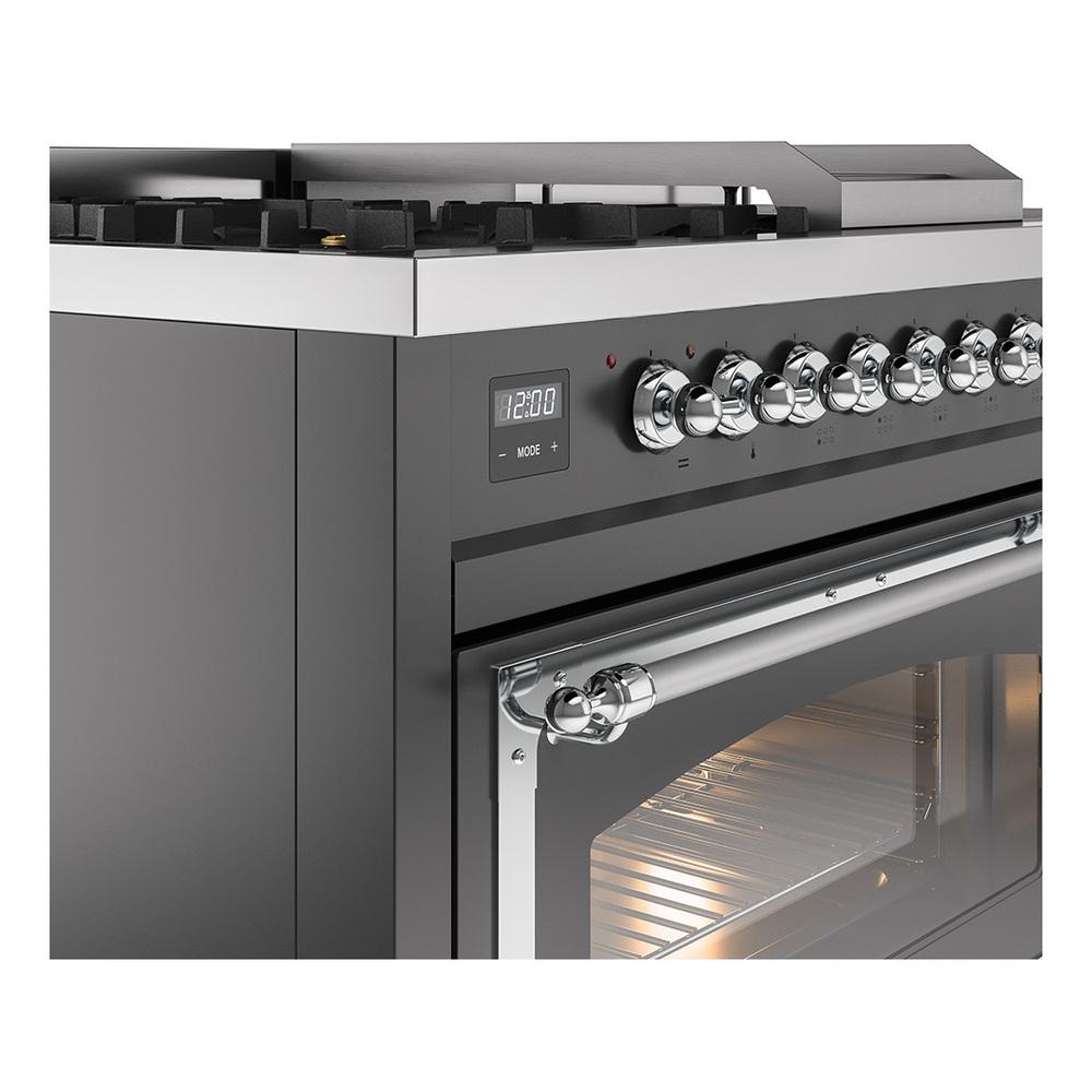Ilve UN48FSNMPMGCLP Ilve Un48Fsnmpmgclp Nostalgie Ii Noblesse 48" Dual Fuel Range (5 Sealed Burners + Griddle + French Top, Liquid Propane, Triple Glass Door, Graphite Matte, Chrome)