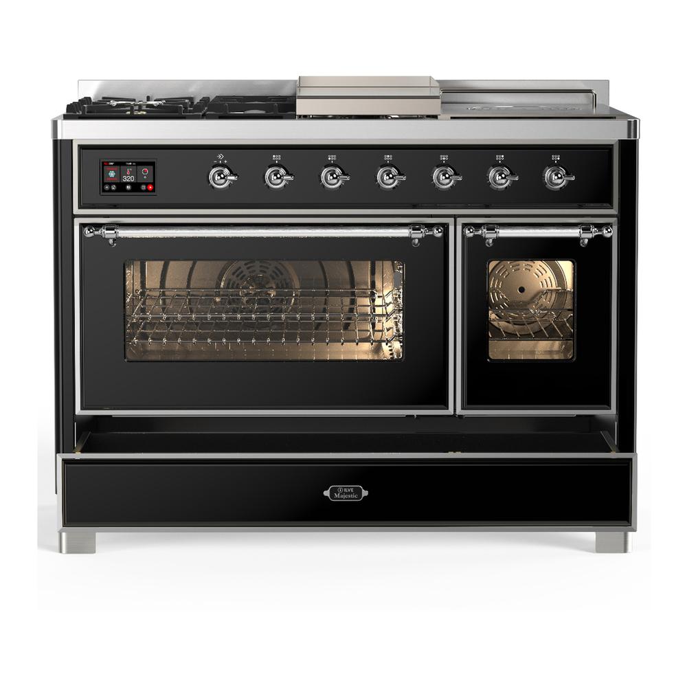 Ilve UM48FSNR3BKCLP Ilve Um48Fsnr3Bkclp Majestic Iii 48 Inch Dual Fuel Range With 5 Black Brass Burners, Griddle And French Top, Dual Function Burner Up To 25,000 Btu (Liquid Propane, Triple Glass Door, Glossy Black, Chrome)